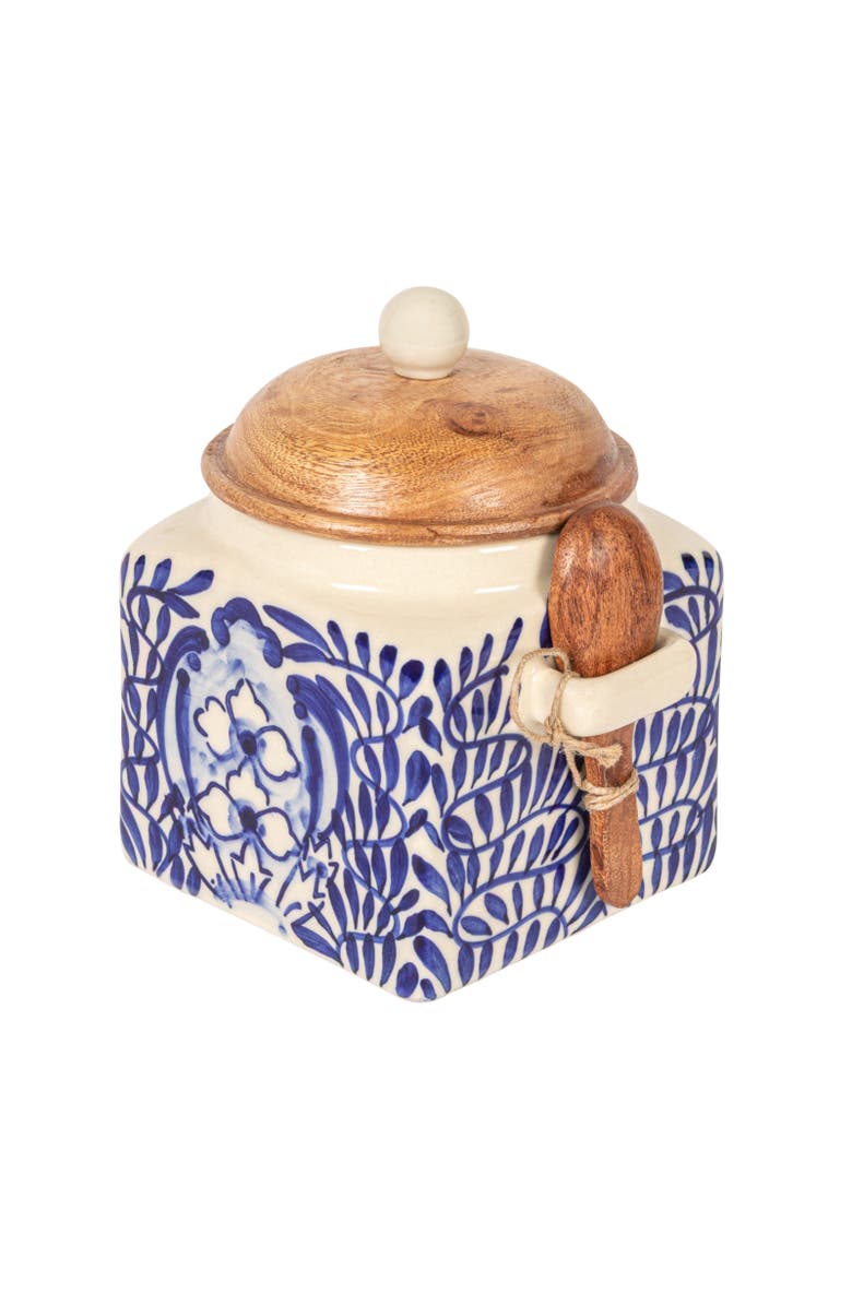 Storied Home Hand-Painted Stoneware Canister with Design, Acacia Wood Lid and Spoon, Cream, Blue and Natural, Main, color, Blue