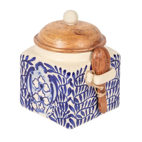 Hand-Painted Stoneware Canister with Design, Acacia Wood Lid and Spoon, Cream, Blue and Natural
