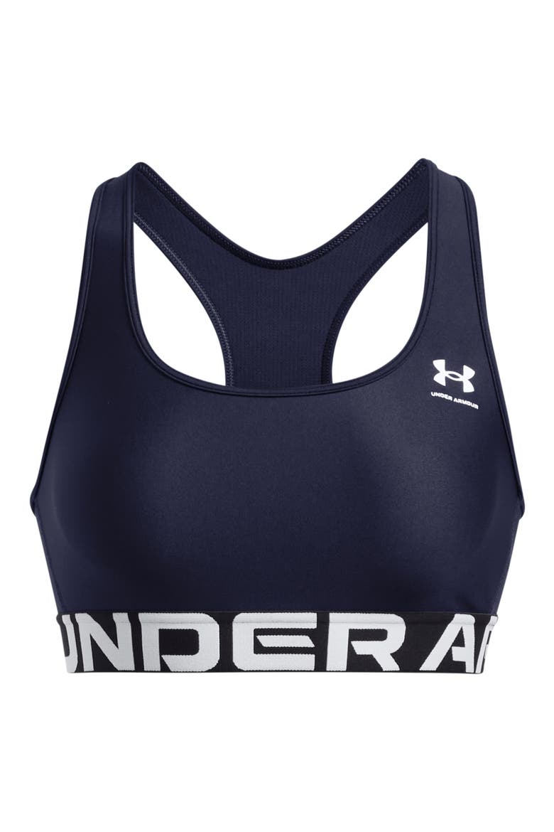 HeatGear® Mid Racerback Logo Jacquard Sports Bra, Alternate, color, MIDNIGHT NAVY / / WHITE