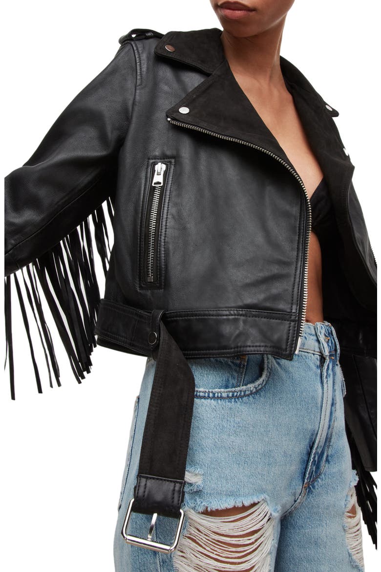 Ayra Tassel Leather & Suede Jacket, Alternate, color, BLACK
