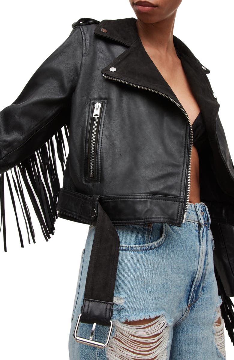 AllSaints Ayra Tassel Leather & Suede Jacket, Alternate, color, 