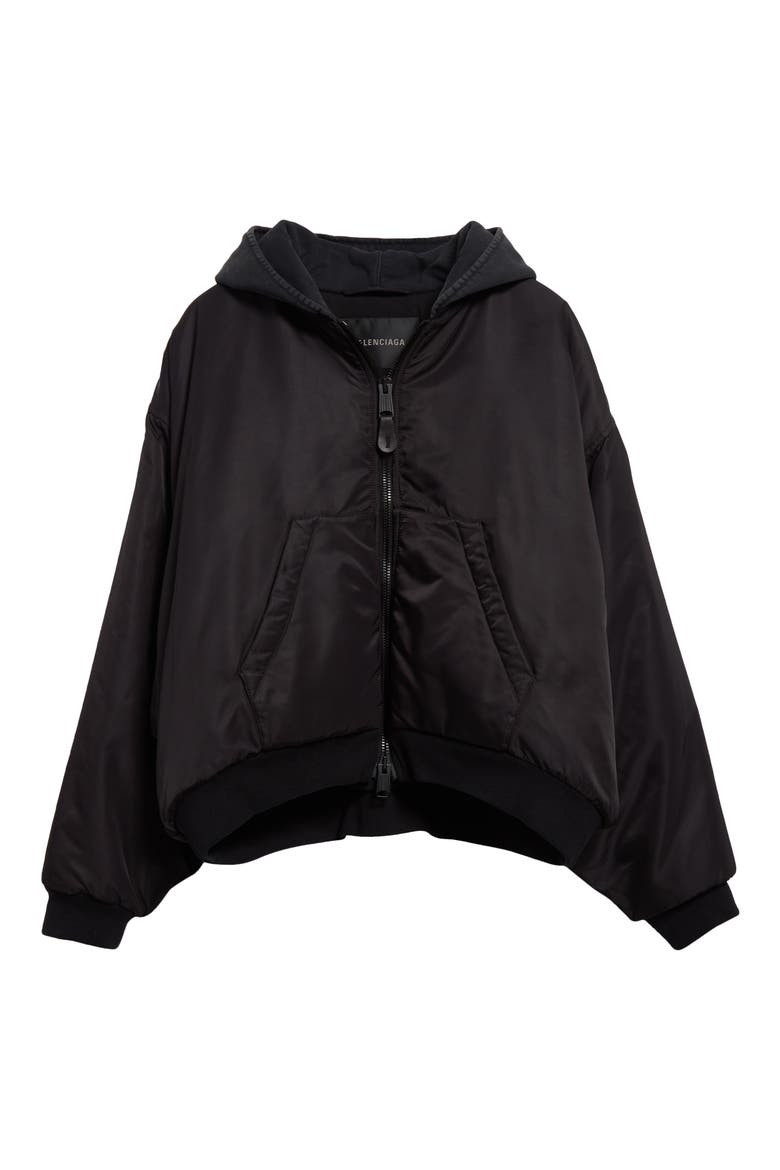 Hooded Nylon Bomber Jacket, Alternate, color, BLACK