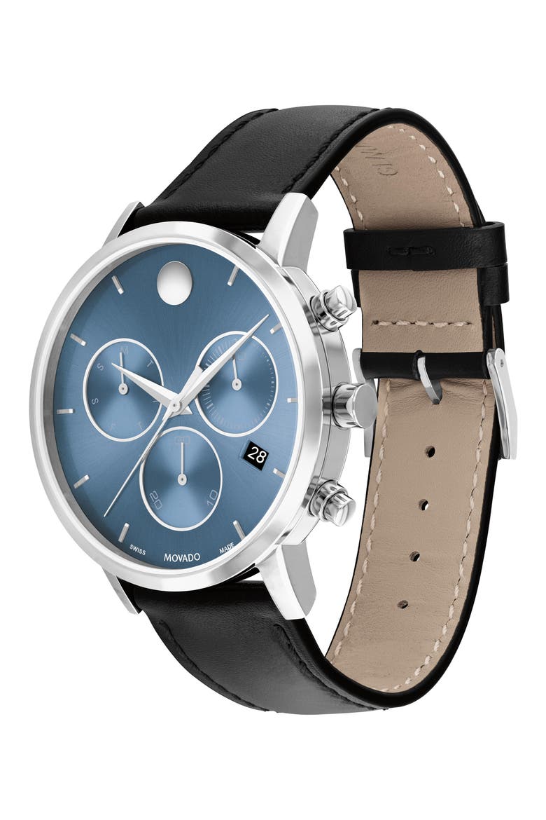 Museum Classic Chronograph Leather Strap Watch, 42mm, Alternate, color, BLUE DIAL