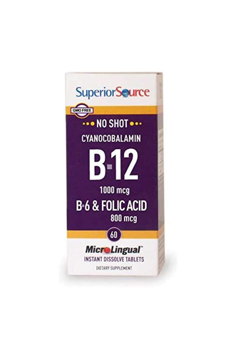 No Shot Vitamin B-12 Cyanocobalamin B-6 Folic Acid Sublingual Dissolving Tablets, Main, color, White