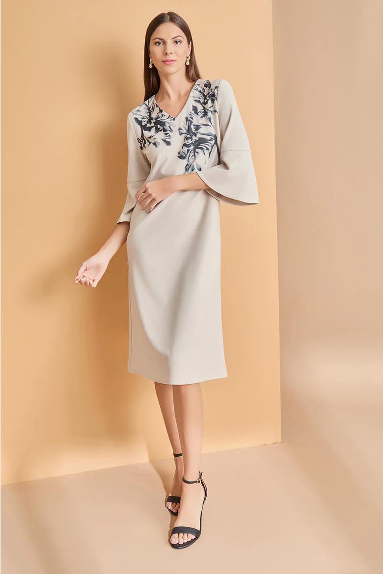 A-Line Floral Printed Stretch Deco Crepe Dress, Alternate, color, Limestone/Black
