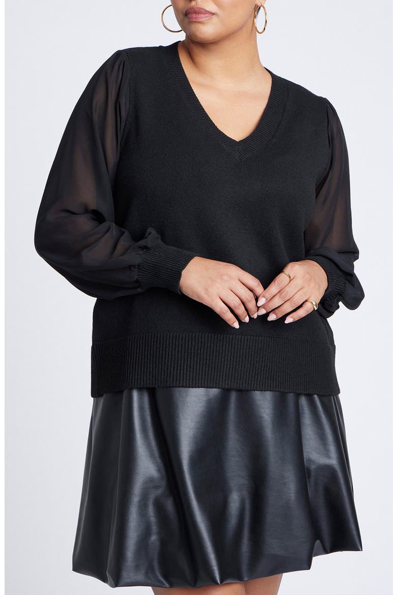 Sheer Sleeve V-Neck Sweater, Main, color, BLACK ONYX