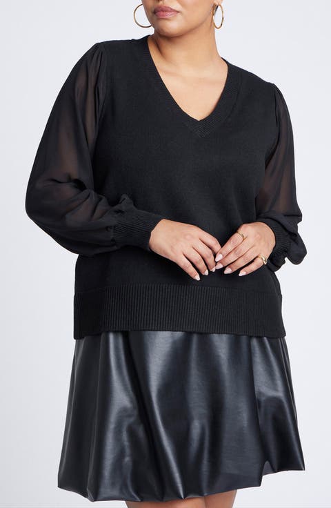 Sheer Sleeve V-Neck Sweater