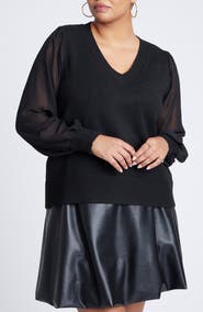 ELOQUII Sheer Sleeve V-Neck Sweater