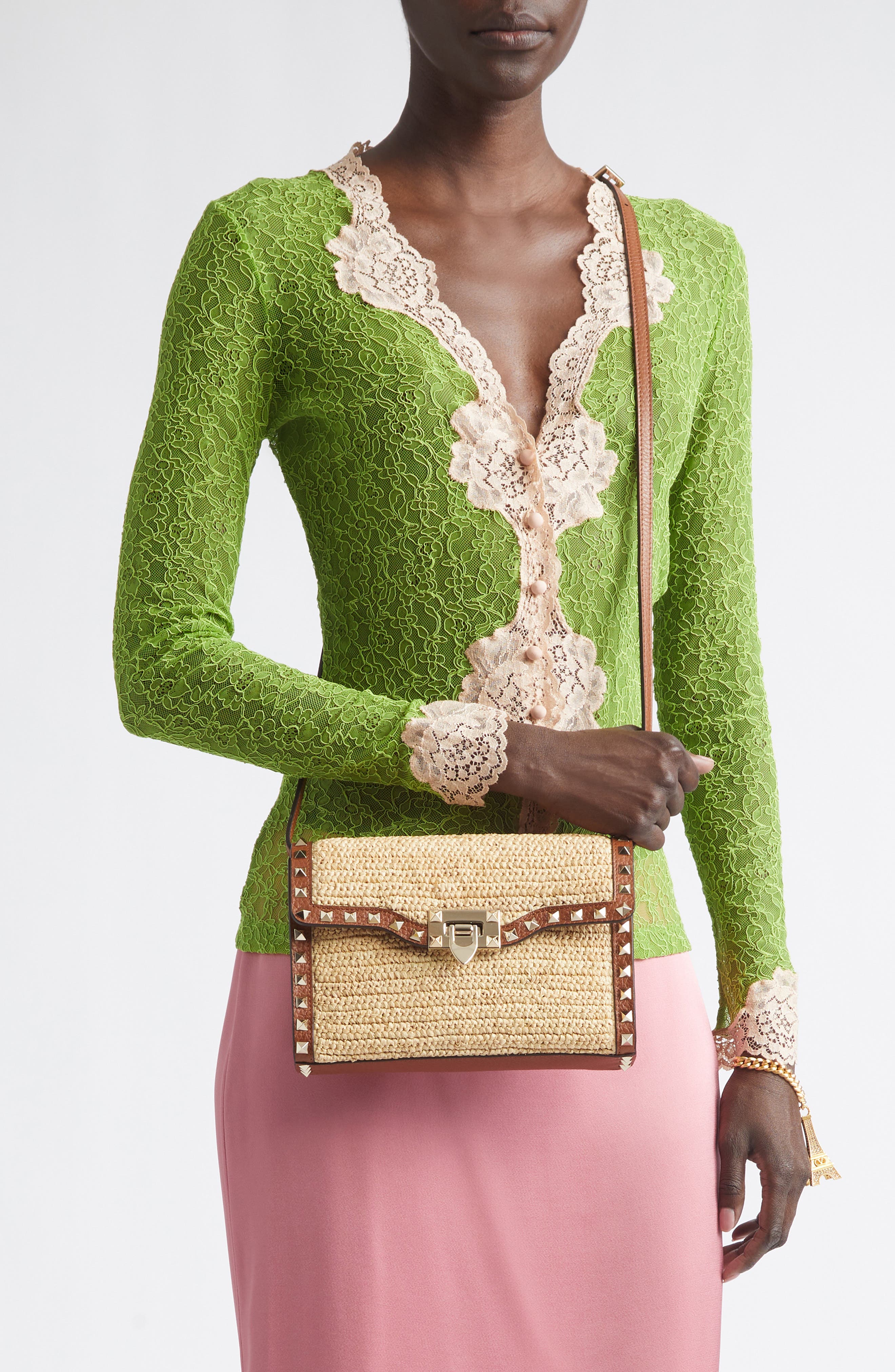 Valentino Garavani Small Rockstud Raffia Crochet Shoulder Bag, Alternate, color, Natural