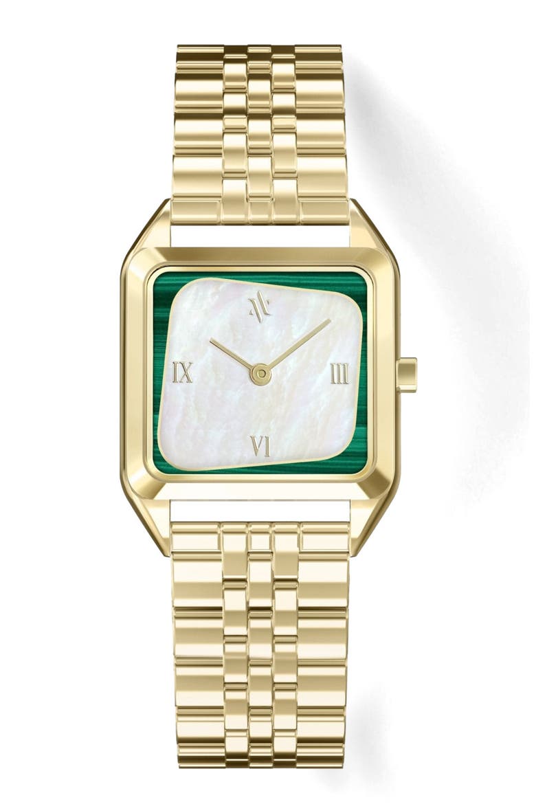 Geminus Double-Gemstone Watch, Main, color, White Pearl/Malachite-Gold