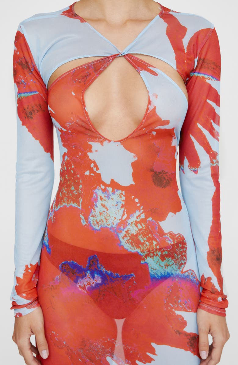 NASTY GAL Cutout Sheer Long Sleeve Maxi Dress, Alternate, color, Blue