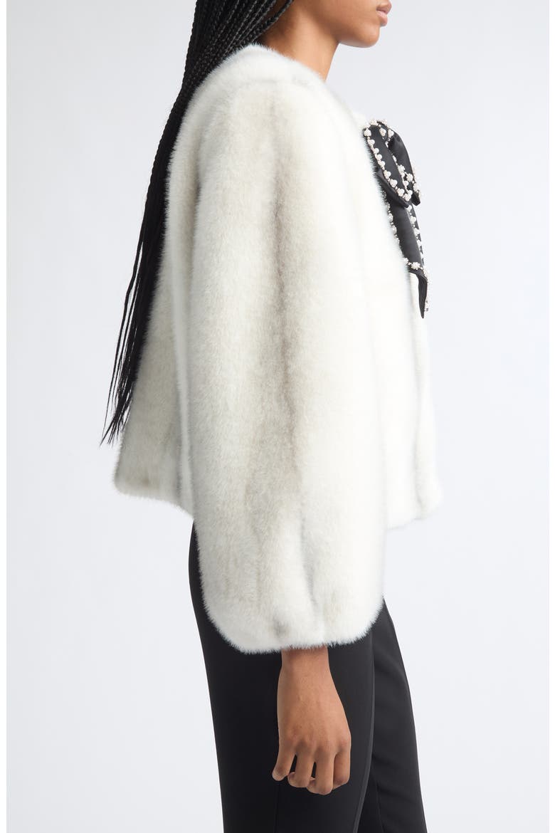 Benson Satin Bow Faux Fur Coat, Alternate, color, IVORY/BLACK