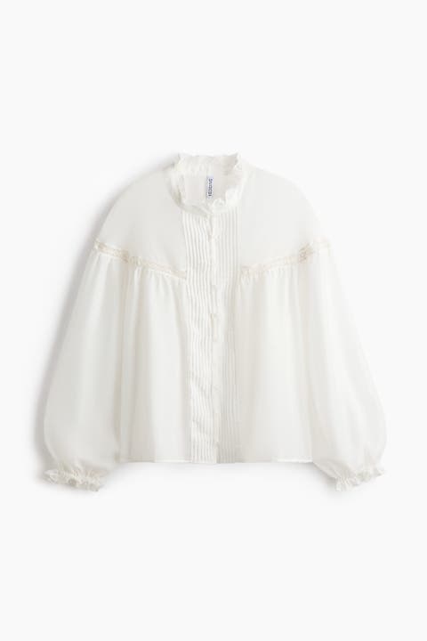 Frill-trimmed Balloon-sleeved Blouse