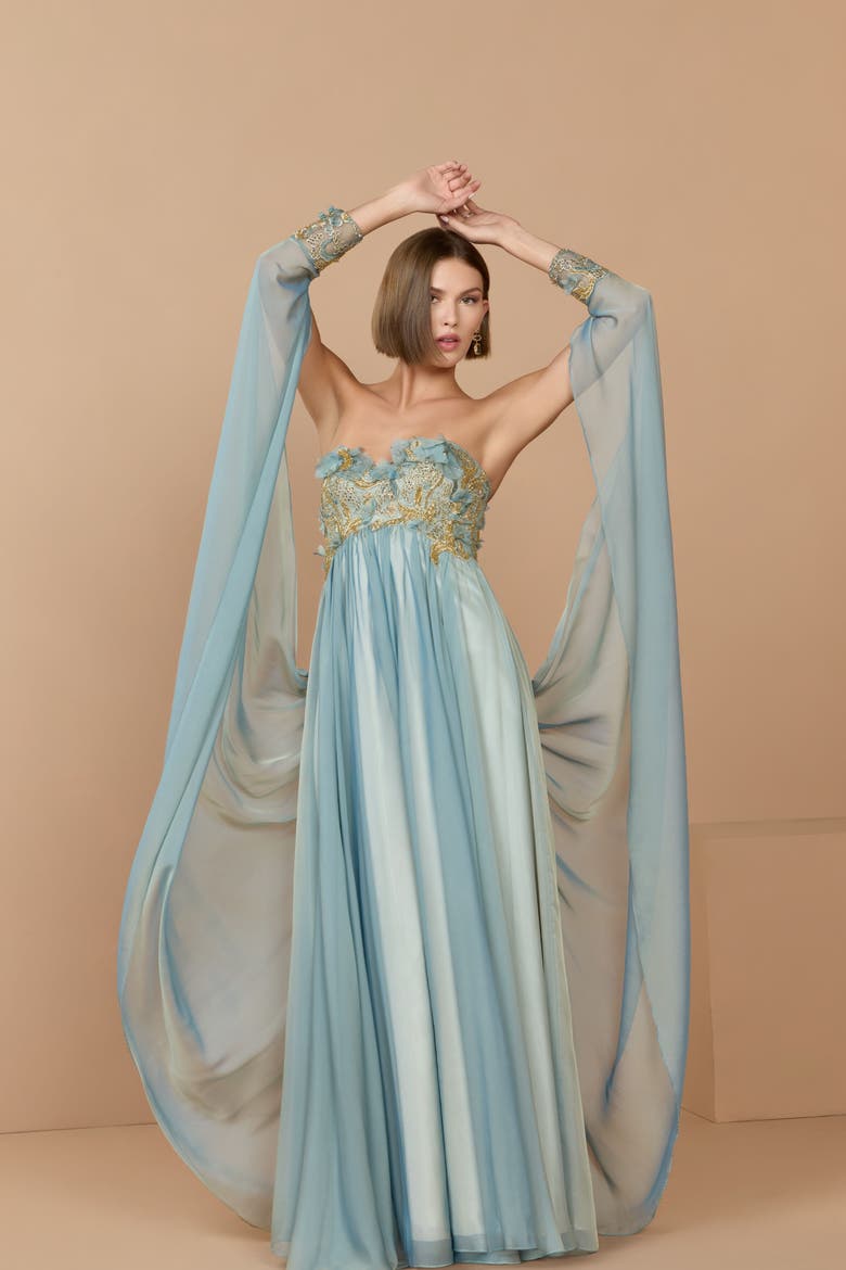 Strapless Floral Embroidered Chiffon Gown, Alternate, color, Seafoam