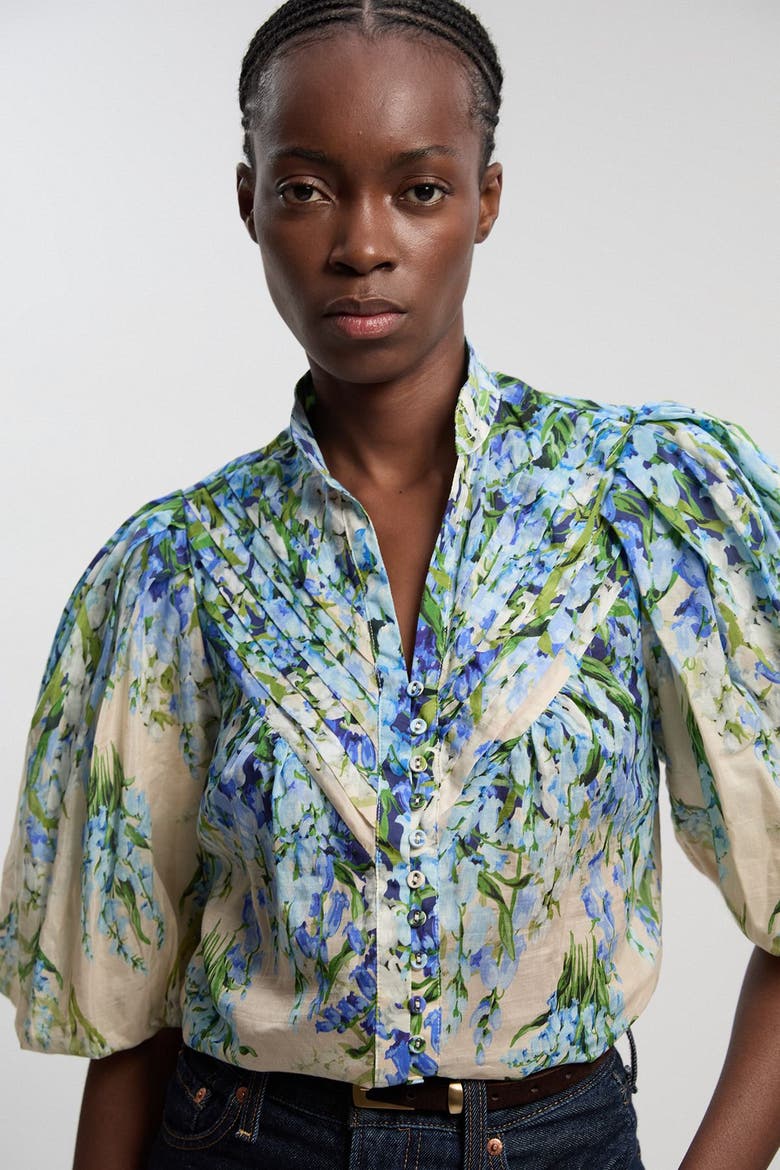 Floral Puff Sleeve Blouse, Alternate, color, Blue