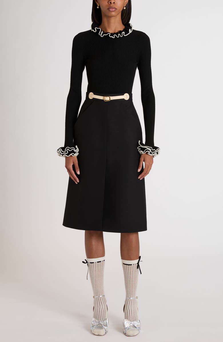 Valentino Garavani Ruffle Trim Rib Virgin Wool Sweater, Alternate, color, Ivory/ Black