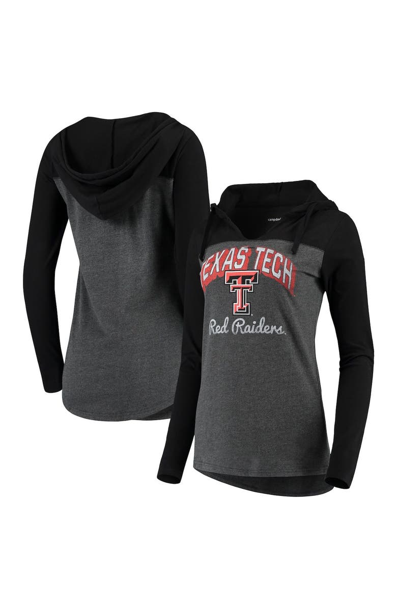 CAMP DAVID Women's Charcoal Texas Tech Red Raiders Knockout Color Block Long Sleeve V-Neck Hoodie T-Shirt, Main, color, 