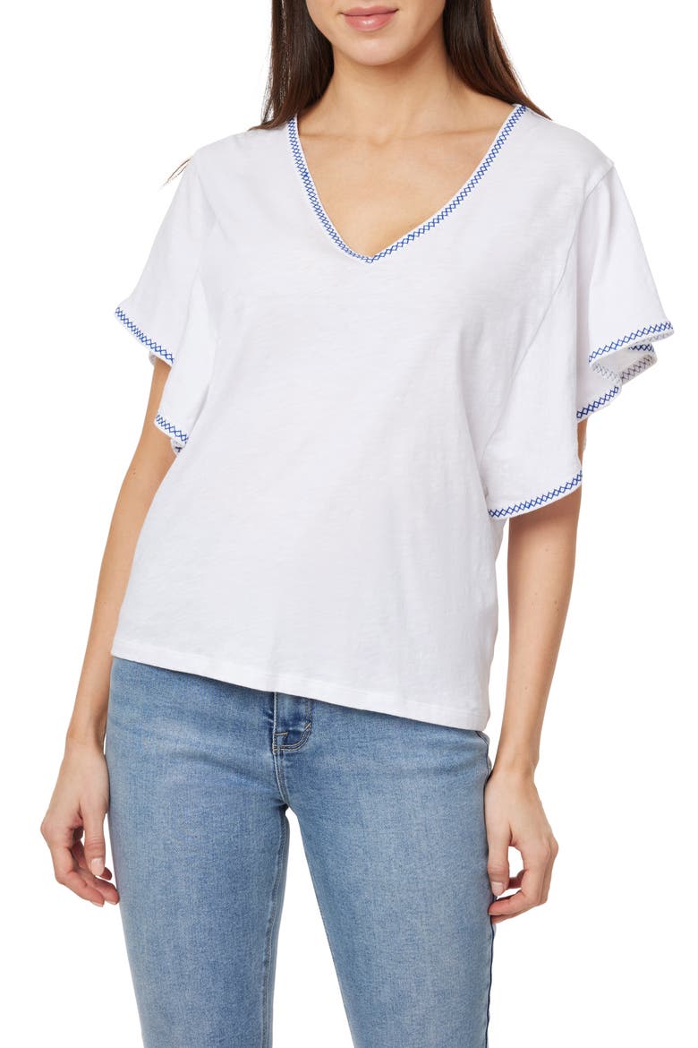Embroidered Flutter Sleeve Cotton T-Shirt, Main, color, BRIGHT WHITE