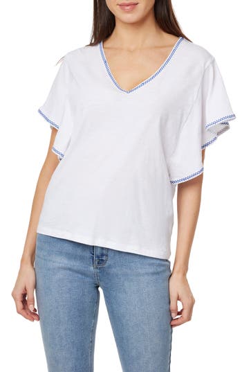 Curve Appeal Embroidered Flutter Sleeve Cotton T-shirt In Bright White