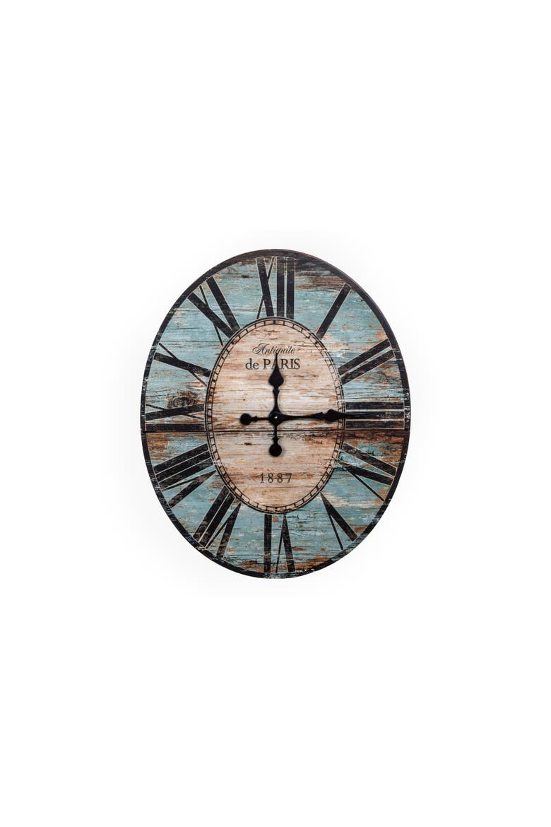 Decorative Oval Wood Wall Clock with Distressed Finish, Turquoise, Main, color, Blue