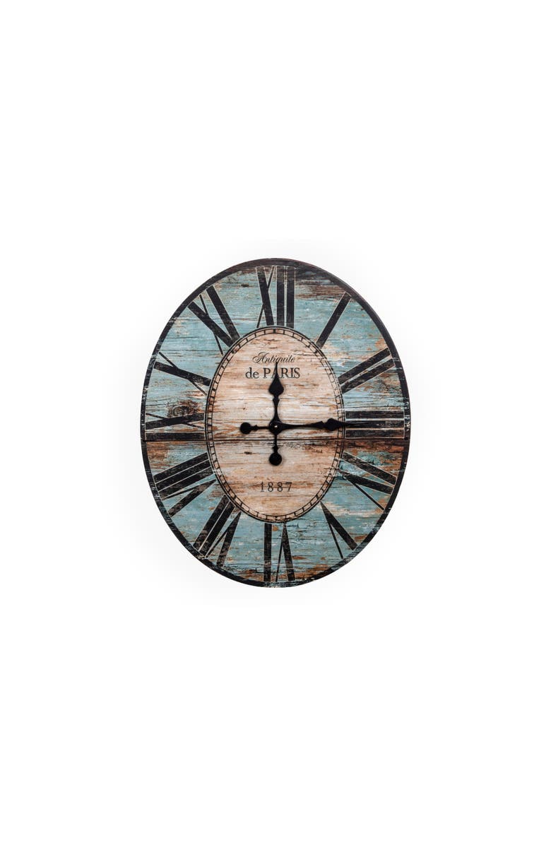 Storied Home Decorative Oval Wood Wall Clock with Distressed Finish, Turquoise, Main, color, Blue