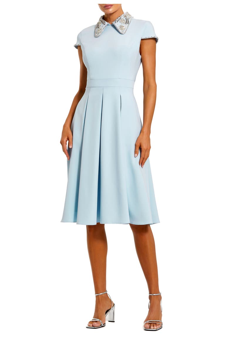 Mac Duggal Crepe Short Sleeve Midi Dress With Beading, Main, color, Powder Blue