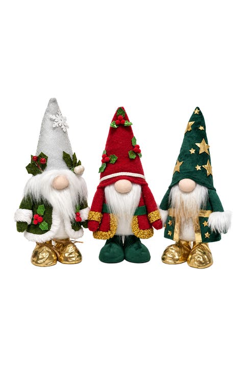 Holly Jolly Red Green Silver Christmas Plush Gnome Set