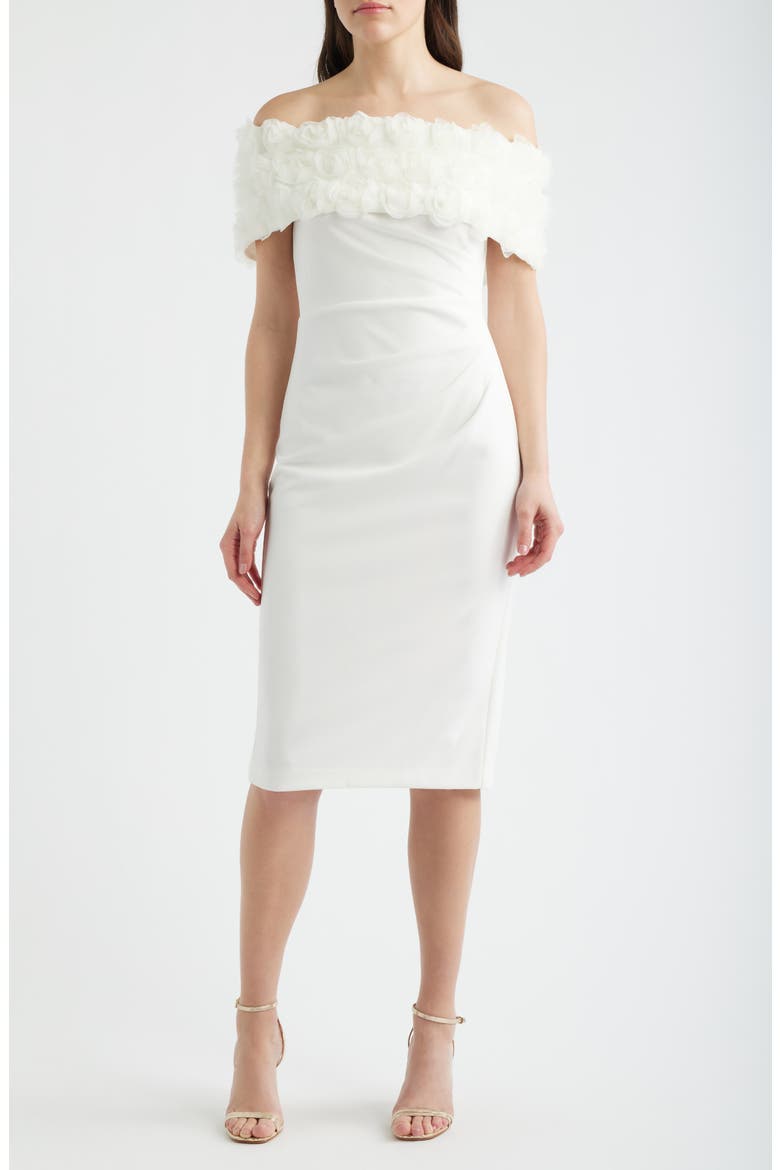 Floral Appliqué Detail Off the Shoulder Scuba Crepe Sheath Dress, Main, color, IVORY