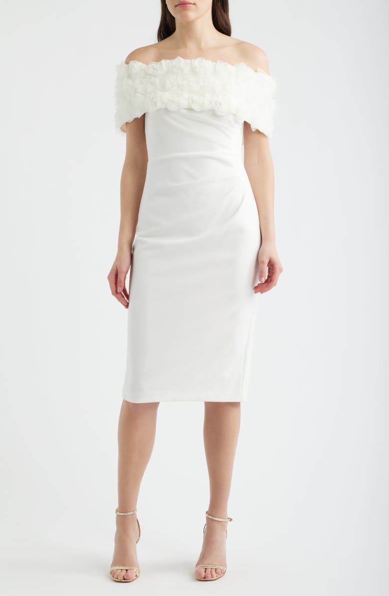Eliza J Floral Appliqué Detail Off the Shoulder Scuba Crepe Sheath Dress, Main, color, Ivory