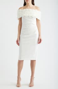 Eliza J Floral Appliqué Detail Off the Shoulder Scuba Crepe Sheath Dress