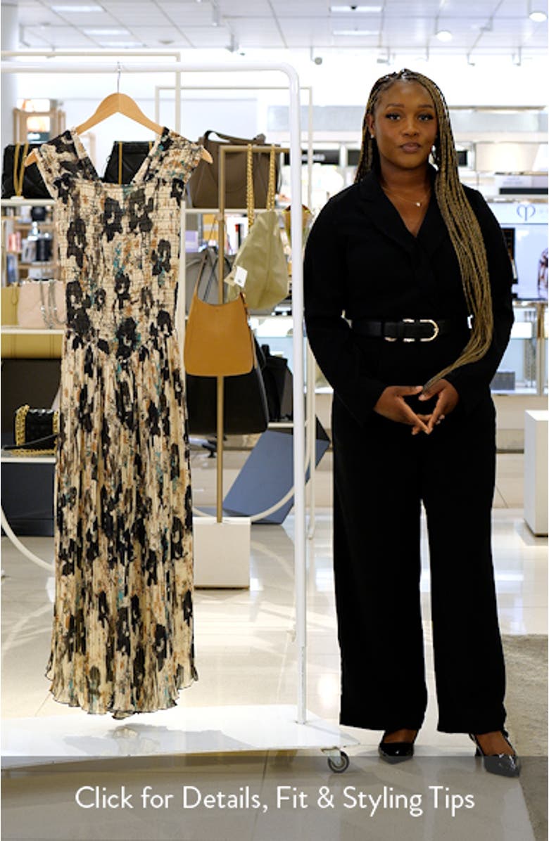 Floral Print Smocked & Pleated Midi Dress, sales video thumbnail