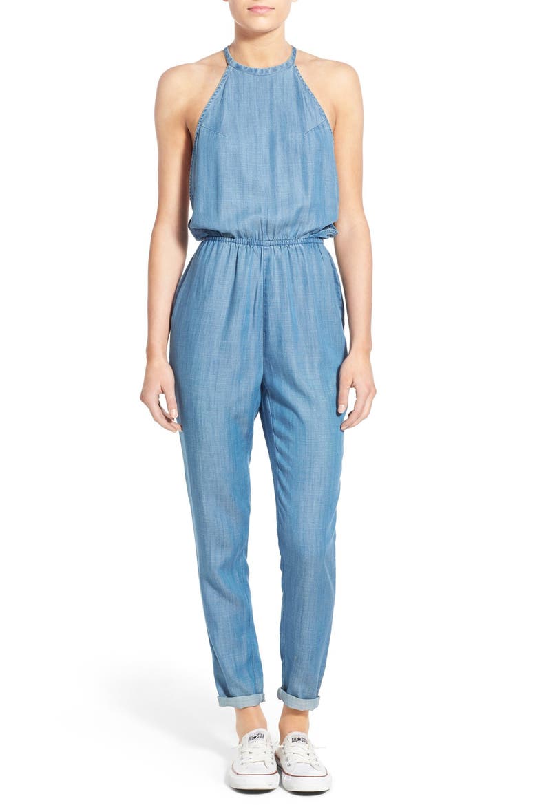 'Be About It' Halter Chambray Jumpsuit, Main, color, CHAMBRAY BLUE