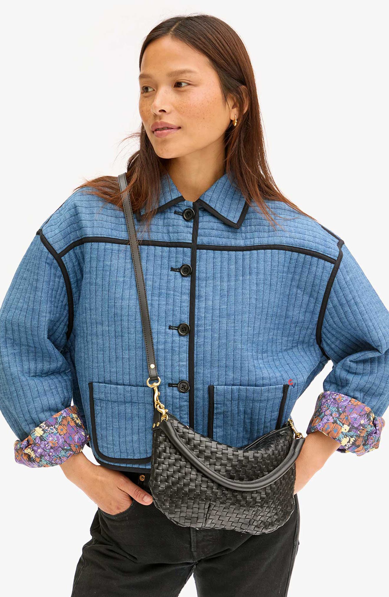 Clare V. Petit Moyen Woven Leather Shoulder Bag, Alternate, color, Black