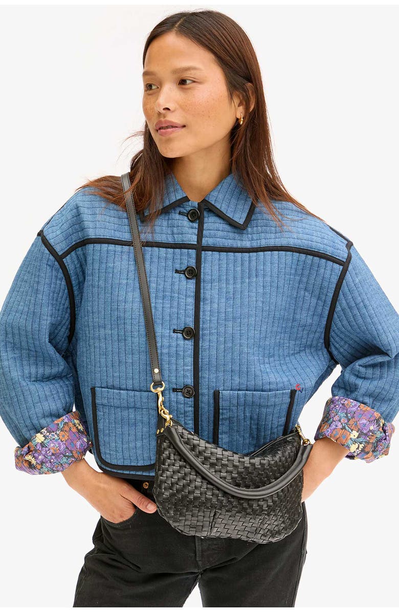 Clare V. Petit Moyen Woven Leather Shoulder Bag, Alternate, color, Black