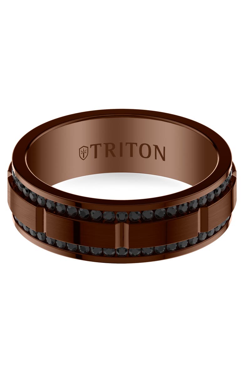 8MM Espresso Tungsten Black Sapphire Double Row Eternity Ring  with Polish Center Finish and Bevel Edge, Alternate, color, Brown