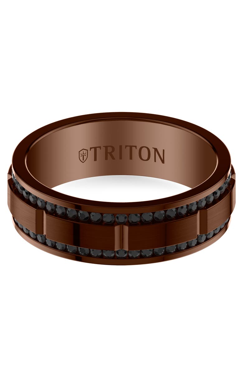 Triton 8MM Espresso Tungsten Black Sapphire Double Row Eternity Ring  with Polish Center Finish and Bevel Edge, Alternate, color, 