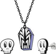 BEETLEJUICE Jewelry Set, Skull Stud Earrings and Coffin Necklace,16"+3"