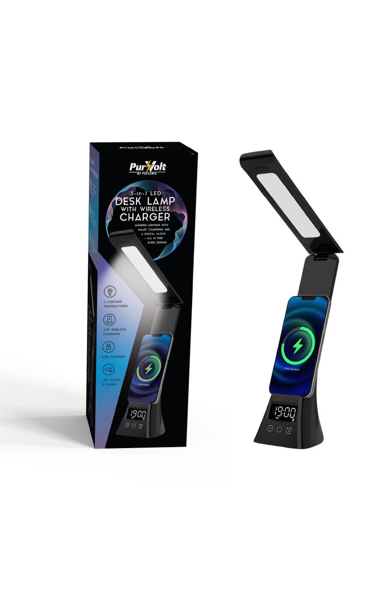 3-in-1 LED Desk Lamp with Charger & Alarm Clock, Main, color, Black