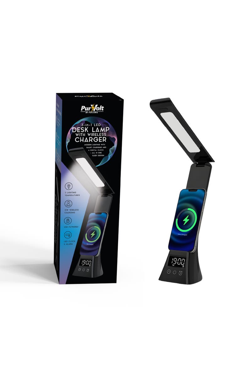 PURSONIC 3-in-1 LED Desk Lamp with Wireless Charger and Alarm Clock, Main, color, Black