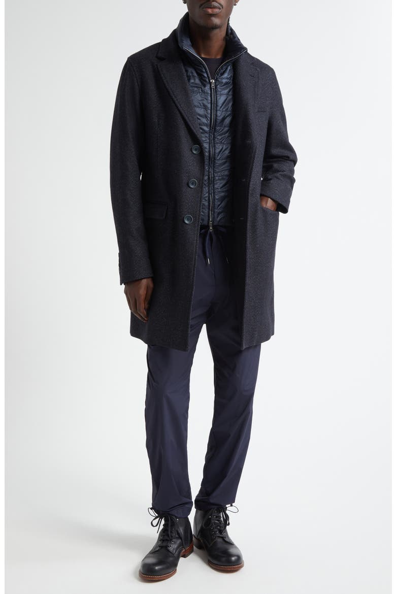 Wool Blend Herringbone Topcoat with Removable Insulated Bib, Alternate, color, BLUE NAVY