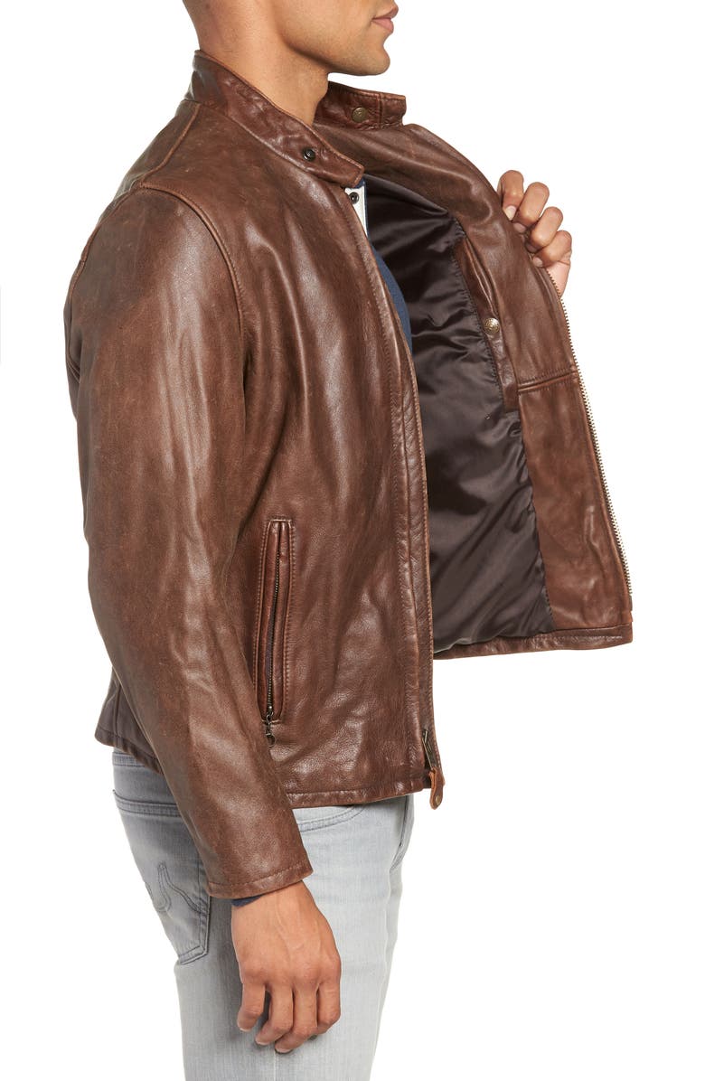 Schott NYC Café Racer Hand Vintaged Cowhide Leather Jacket, Alternate, color, Brown