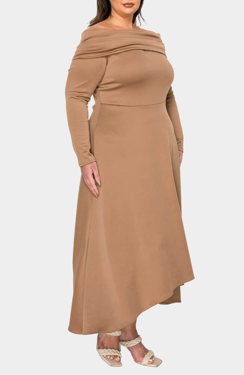L I V D Lyra Off The Shoulder Long Sleeve Maxi Dress In Mocha