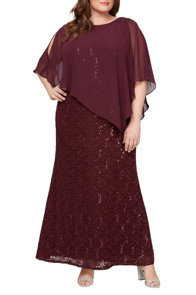 Sequin Floral Lace Dress with Capelet, Main, color, FIG