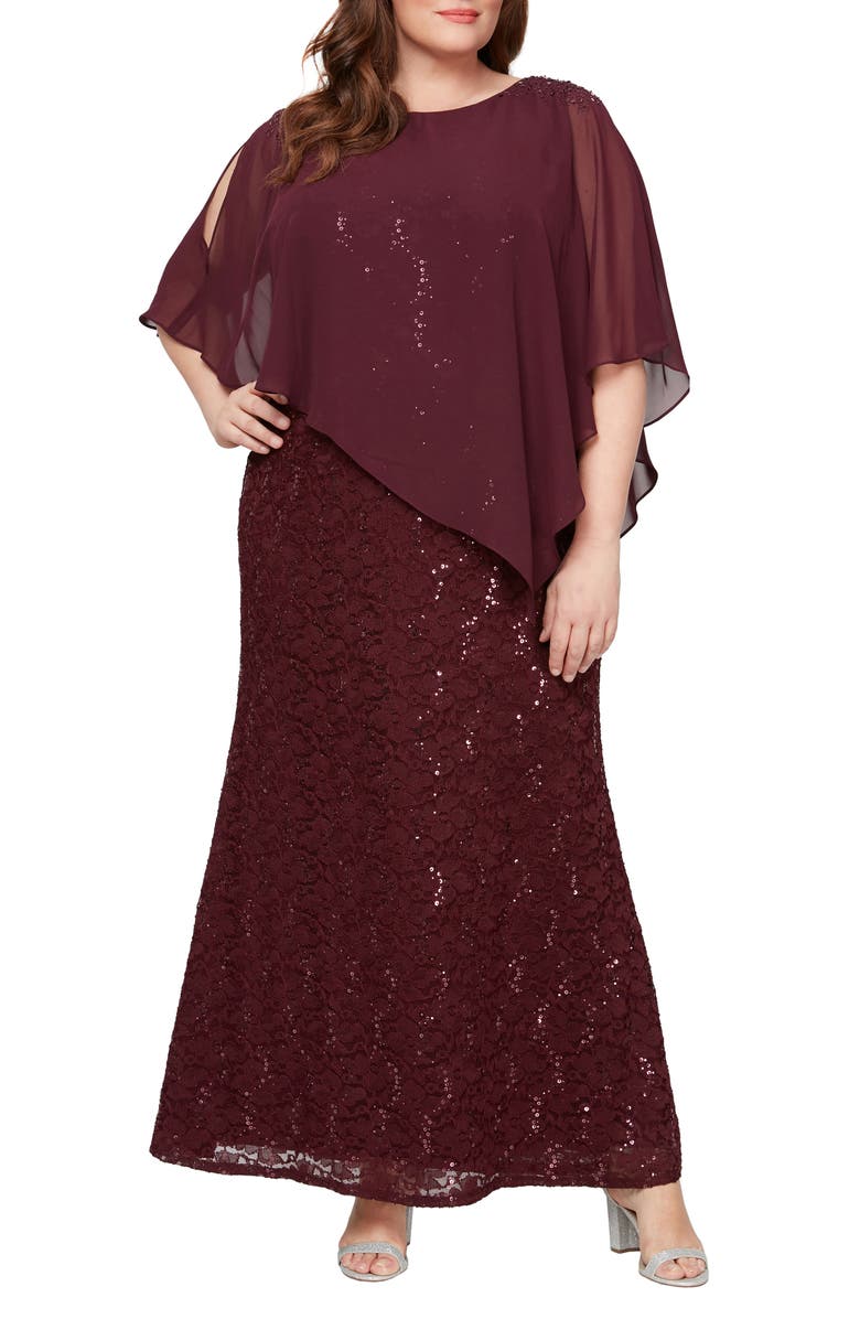 SL FASHIONS Sequin Floral Lace Dress with Capelet, Main, color, Fig