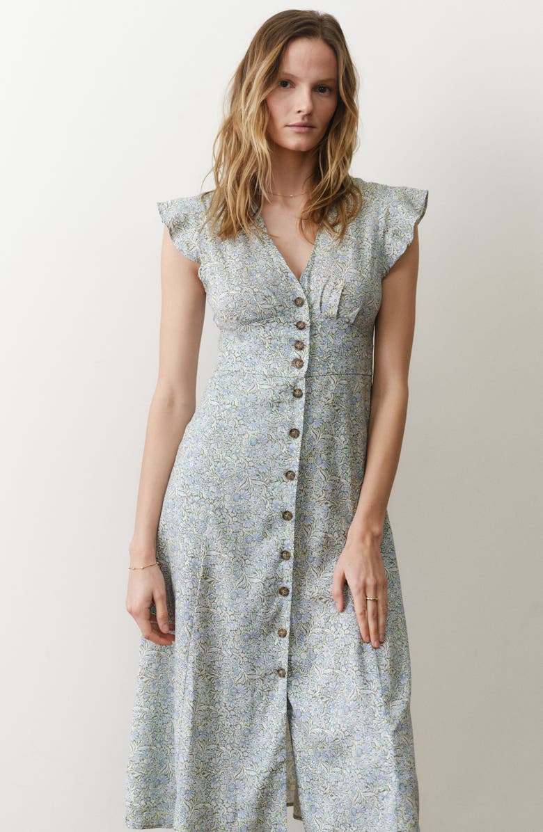 Marine Layer Camila Floral Button Front Hemp Blend Midi Dress, Alternate, color, Sea Floral