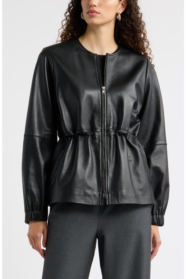 Cinch Waist Leather Jacket, Main, color, BLACK