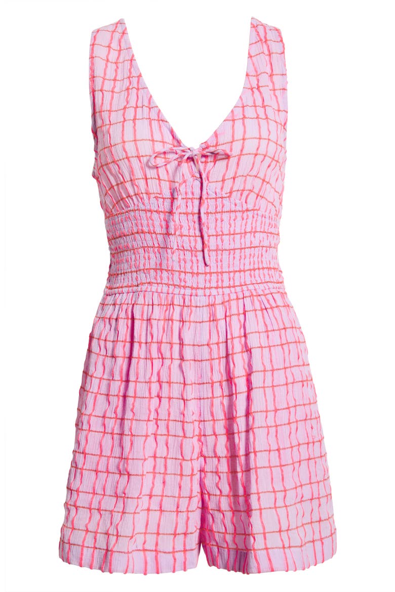 Paradise Check Smocked Cotton Blend Romper, Alternate, color, PINK