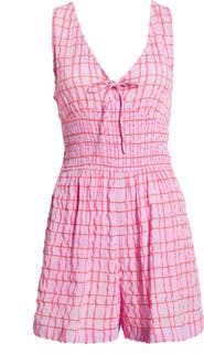 Rip Curl Paradise Check Smocked Cotton Blend Romper