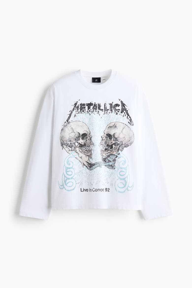 Relaxed-fit Long-sleeved Printed Cotton T-shirt, Alternate, color, White/Metallica