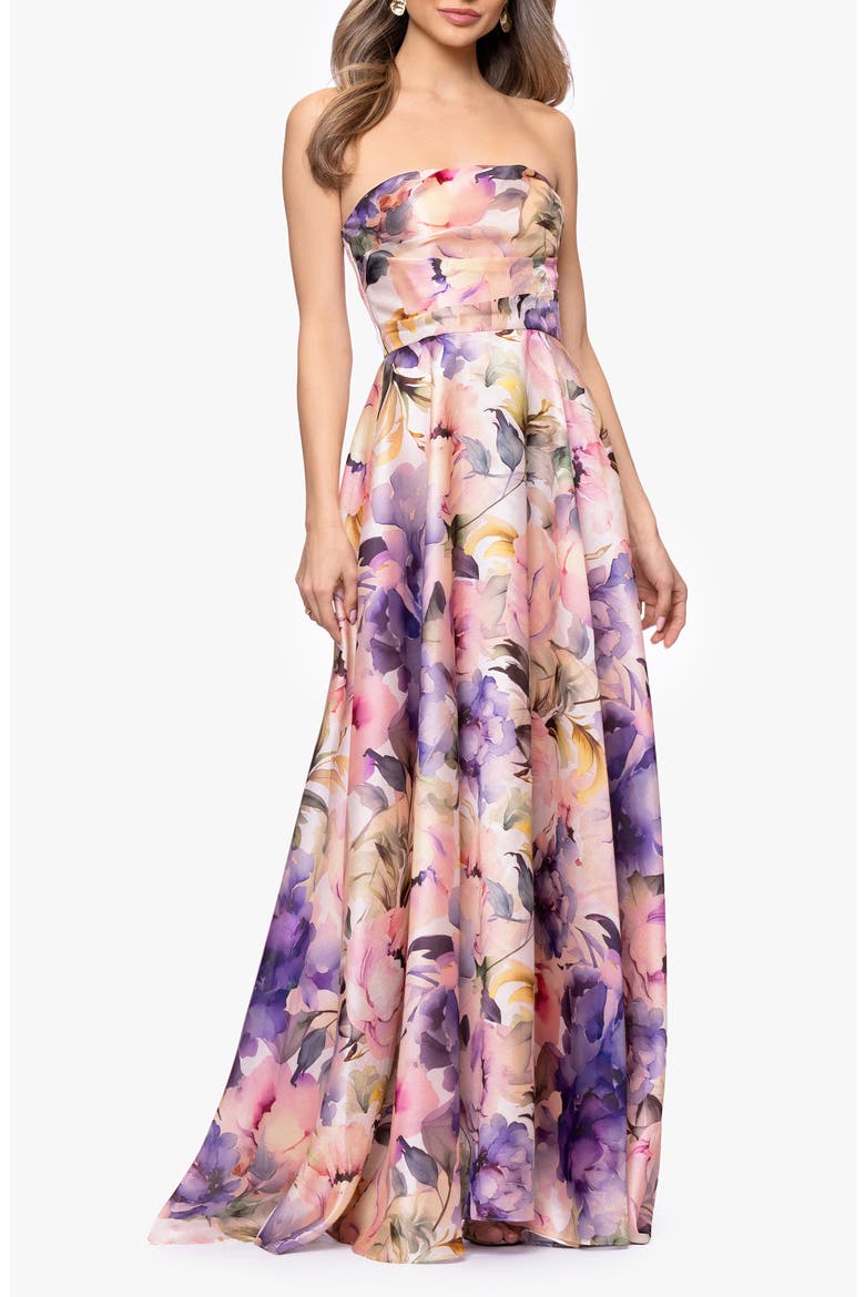 Floral Strapless Organza Gown, Main, color, BLUSH/ MULTI